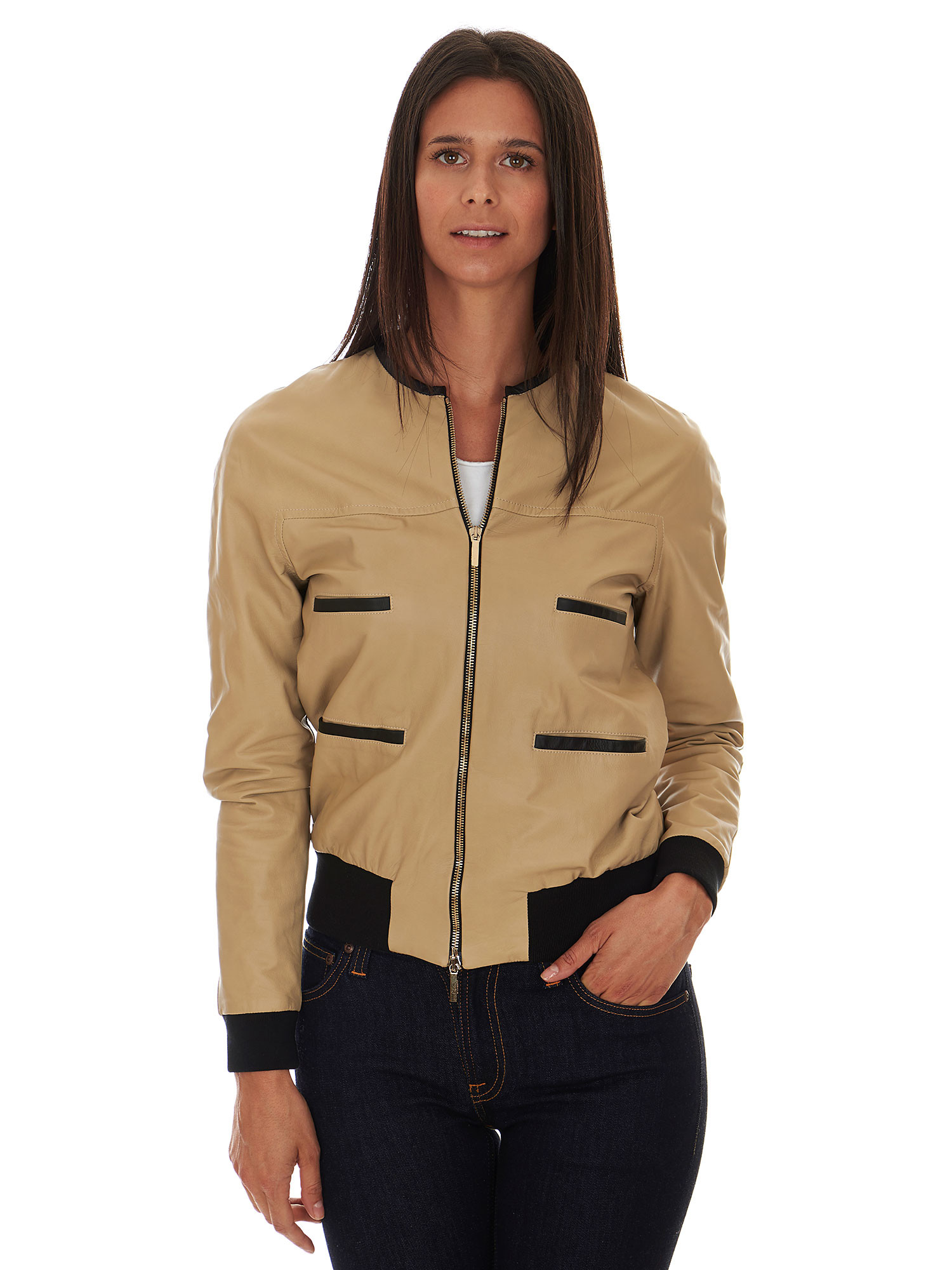 Bomberjacke für Damen aus beigem Leder - Solleciti