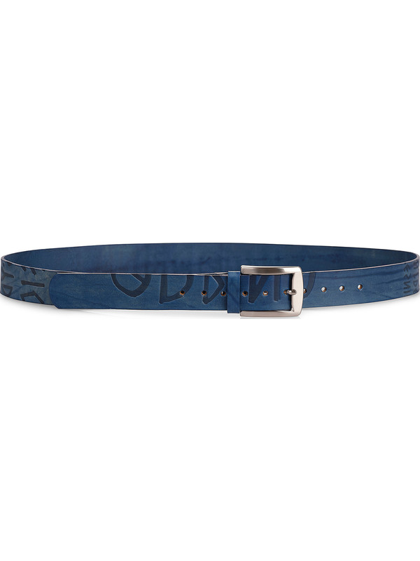 Blue leather belt.