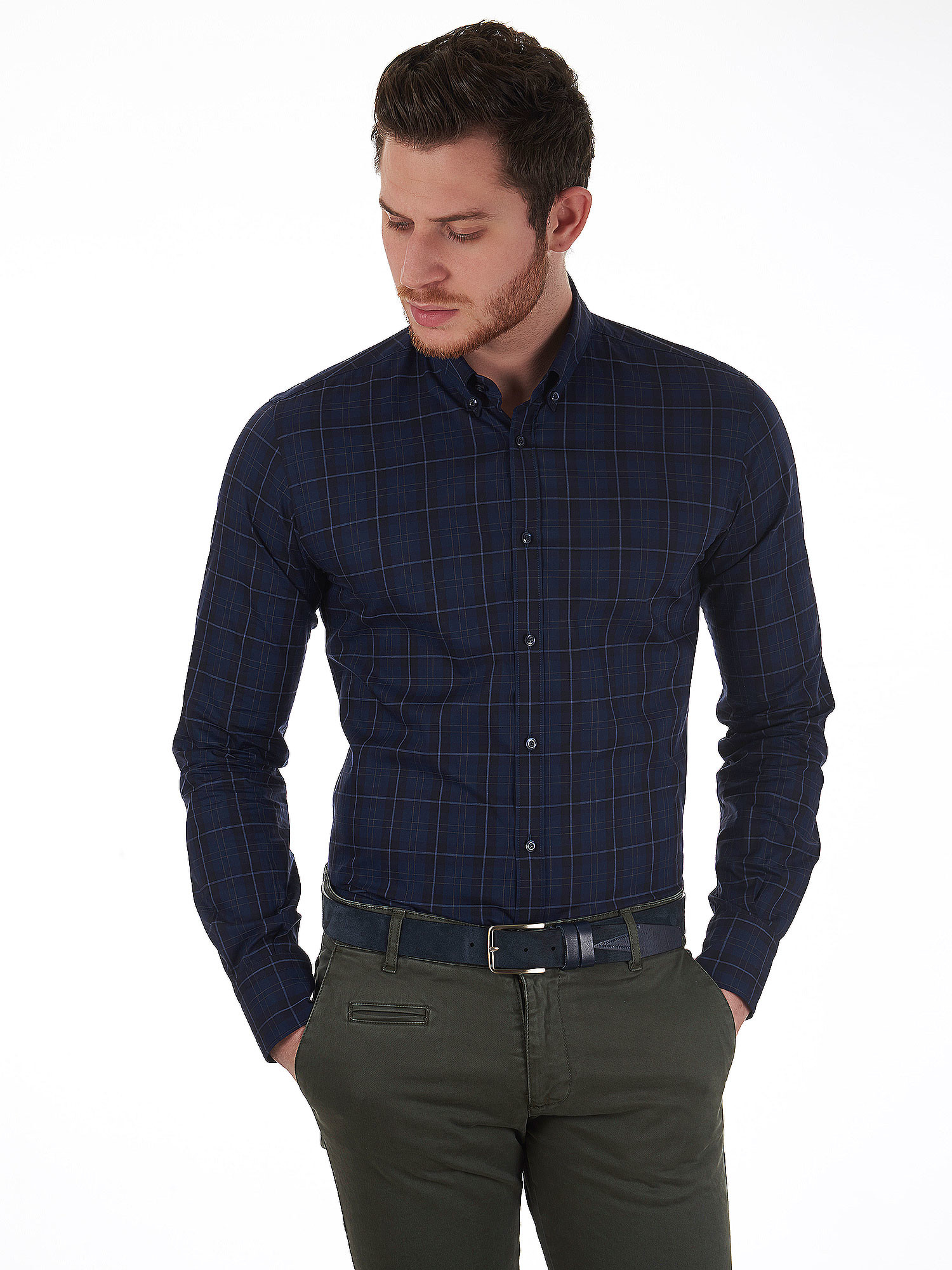 DELSIENA blue checked shirt with a small button-down collar