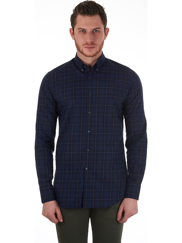 DELSIENA blue checked shirt with a small button-down collar
