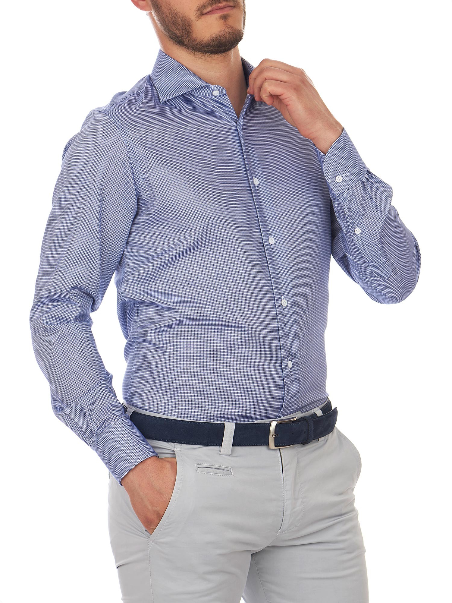 CASAMODA Camicia Da Lavoro A Quadretti Comfort Fit - Azzurro, Taglia 55, Puro Cotone, Colletto Con Bottoni