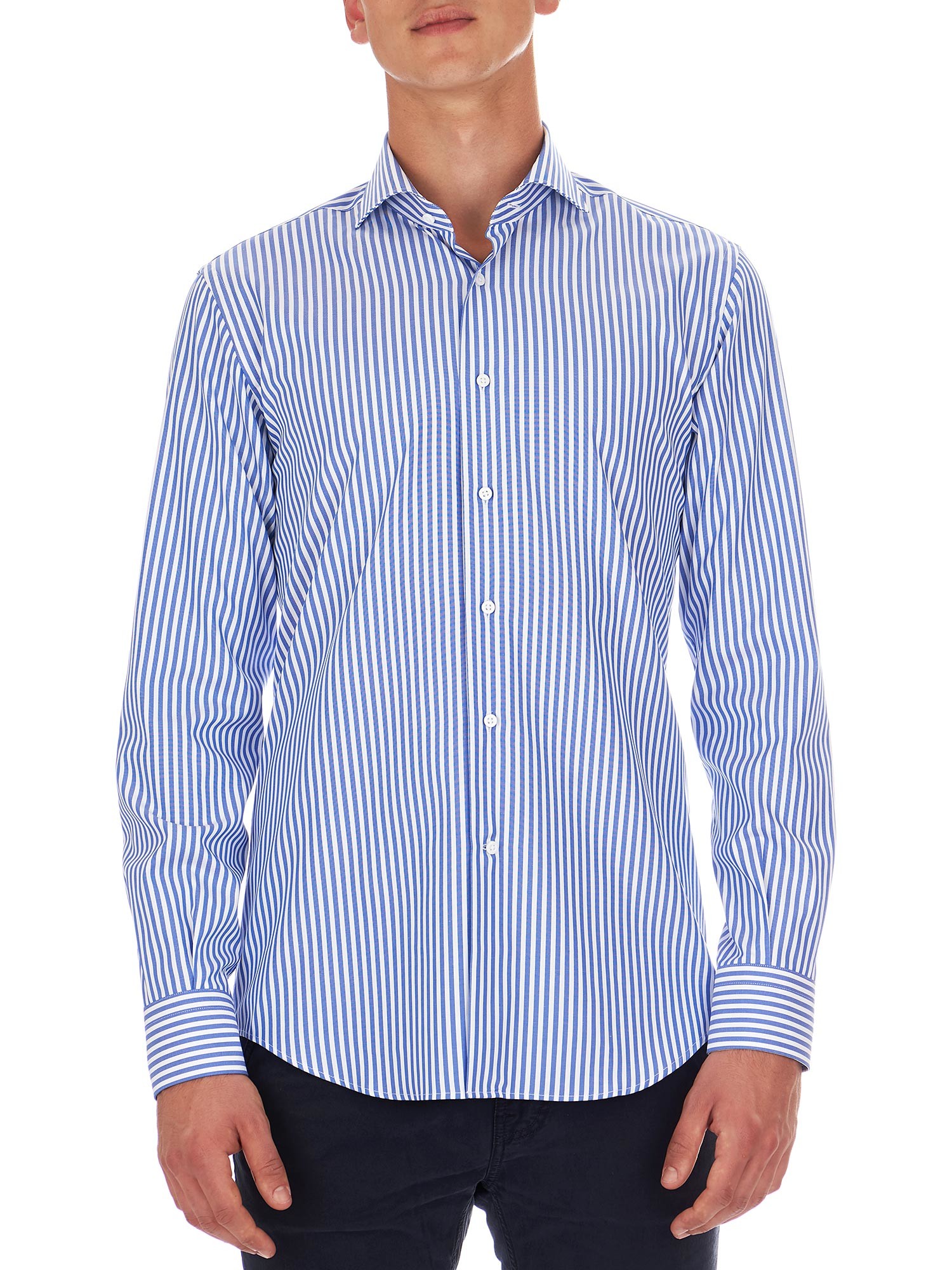 Chemise Homme Sonrisa 100% Coton - Rayures Bleu Marine/blanc - Made In Italy - Taille M