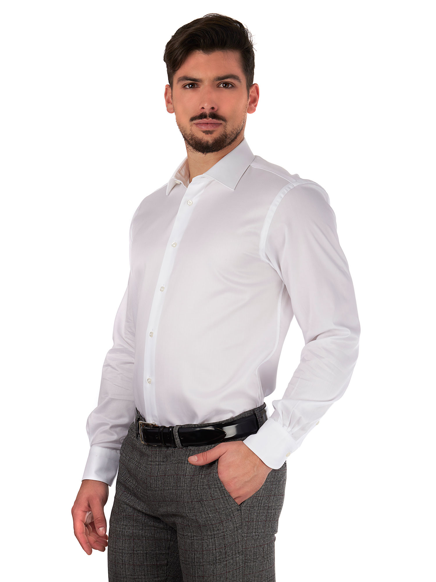 Camicia in pelle di agnello nera fatta a mano - vestibilità slim, mezza manica - Italia