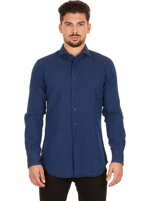 Men's blue shirt denim fabric cutaway collar DelSiena