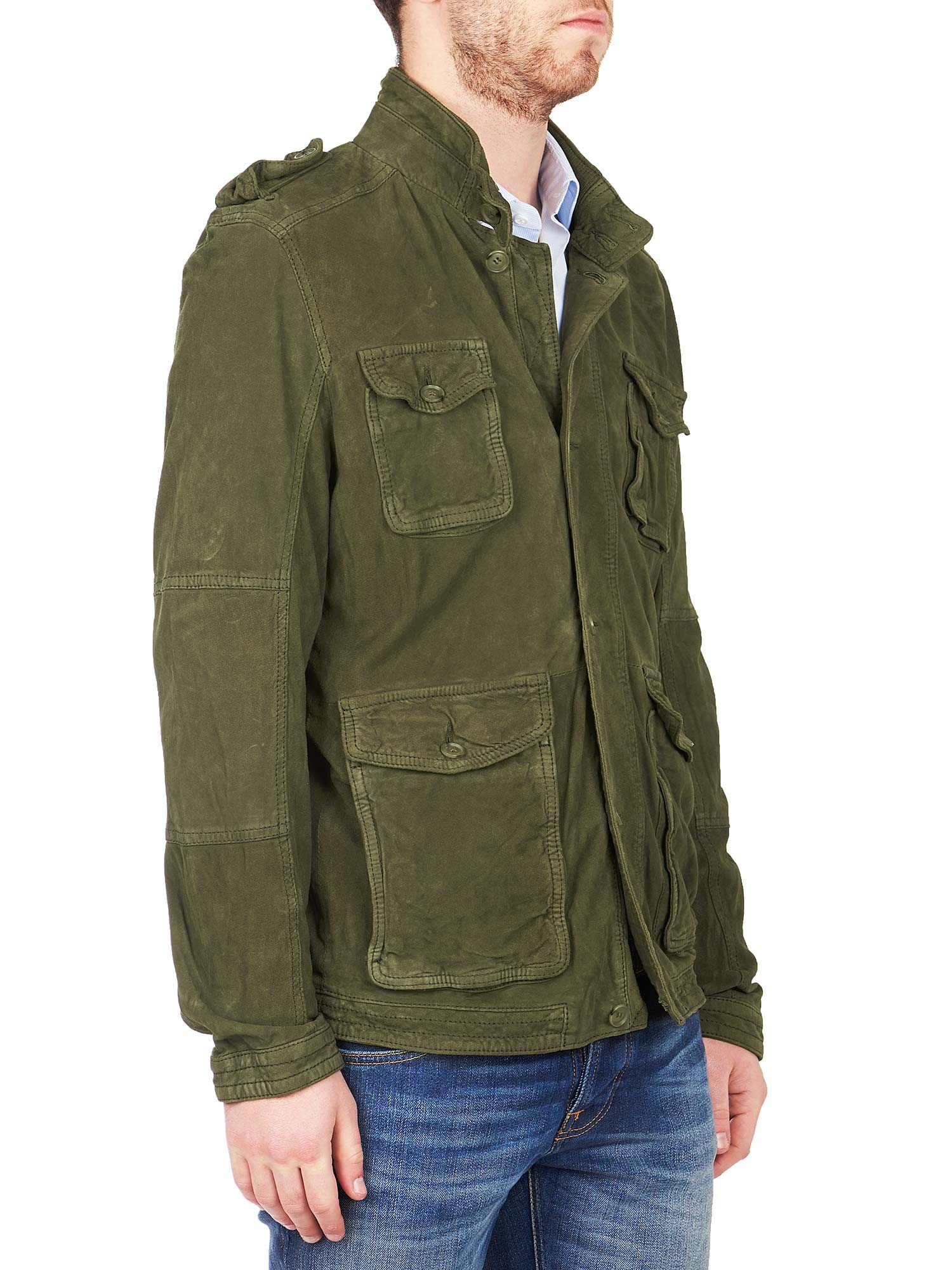 Giubbotto uomo in eco camoscio primaverile con collo coreano - VERDE MILITARE