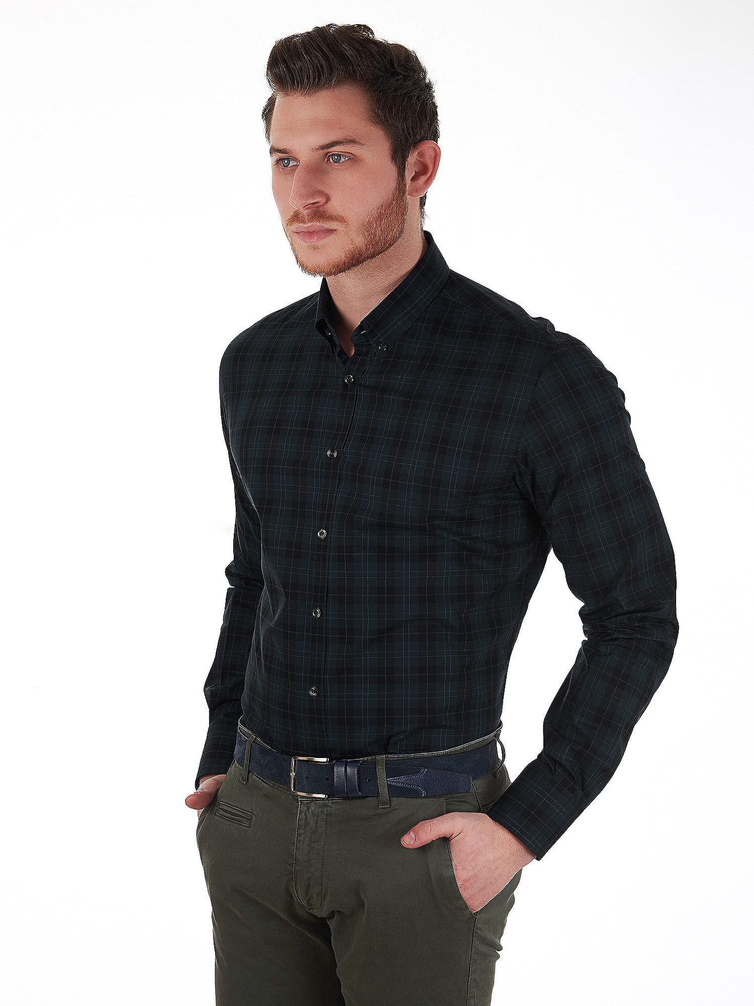 DELSIENA petroleum green-colored checkered Shirt with button-down collar