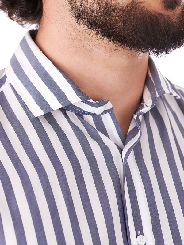 blue and white wide striped shirt