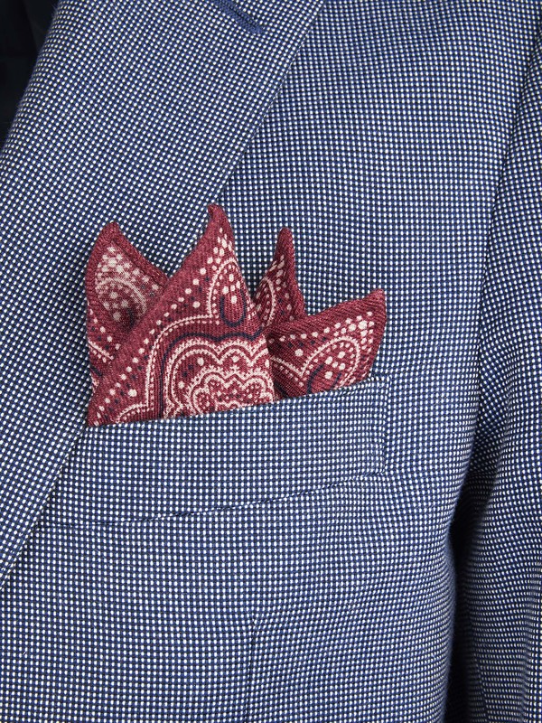 Red wool pocket handkerchief with Damascus printed pattern Rosi