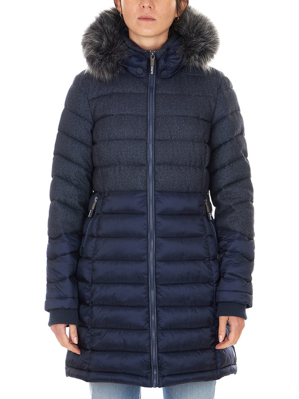 Blue Padded Jacket For Women Superdry, Navy Blue Puffer Coat With Fur Hood